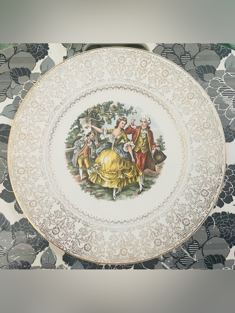 Vintage Salem Decorative Dinner Plate with Gold Scroll Border and Yellow Dress
